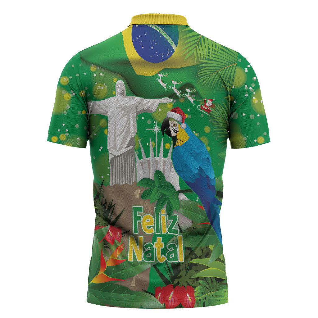 Christmas In July Brazil Zipper Polo Shirt Feliz Natal Blue Macaw Santa Tropical Vibes