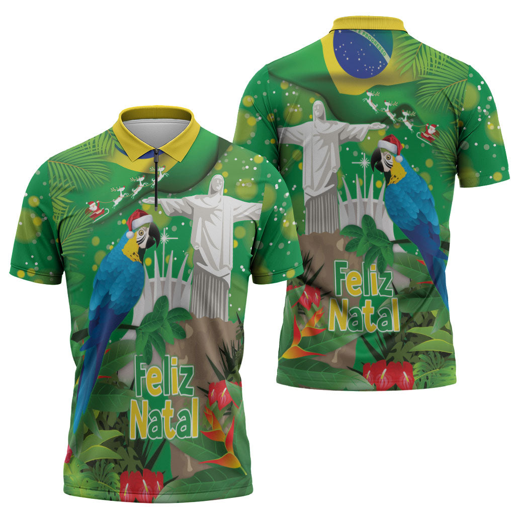 Christmas In July Brazil Zipper Polo Shirt Feliz Natal Blue Macaw Santa Tropical Vibes