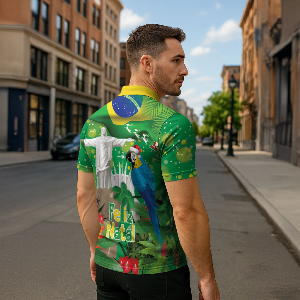 Christmas In July Brazil Zipper Polo Shirt Feliz Natal Blue Macaw Santa Tropical Vibes