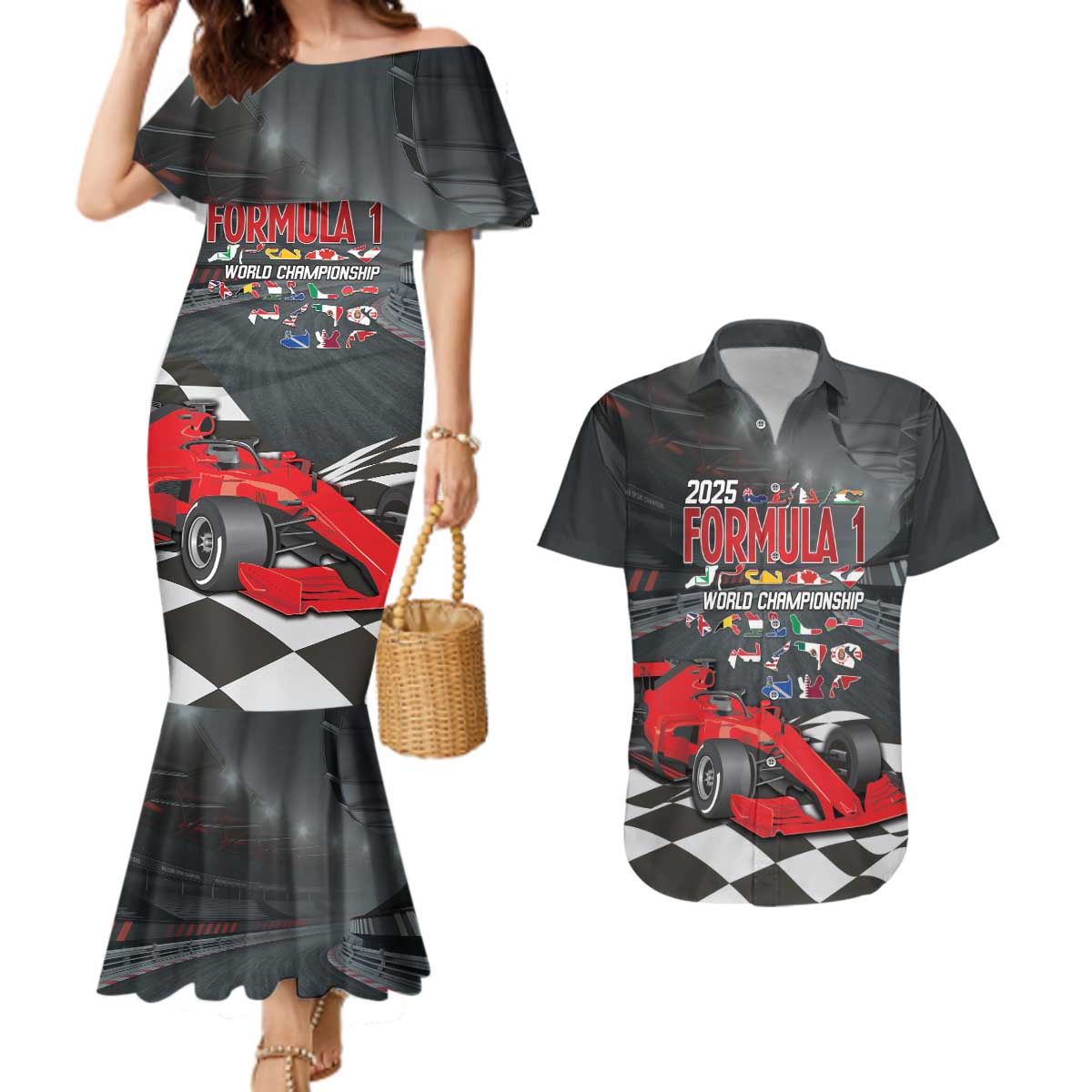 Racing Car 2025 Couples Matching Mermaid Dress and Hawaiian Shirt GP Circuits Born To Speed - Wonder Print Shop