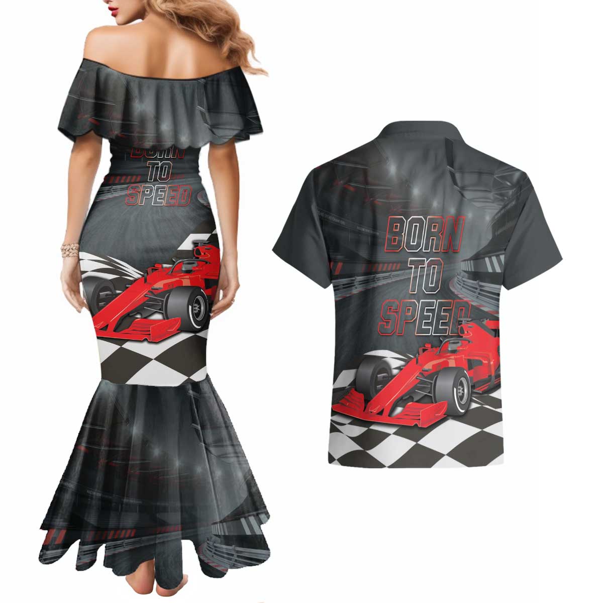 Racing Car 2025 Couples Matching Mermaid Dress and Hawaiian Shirt GP Circuits Born To Speed - Wonder Print Shop