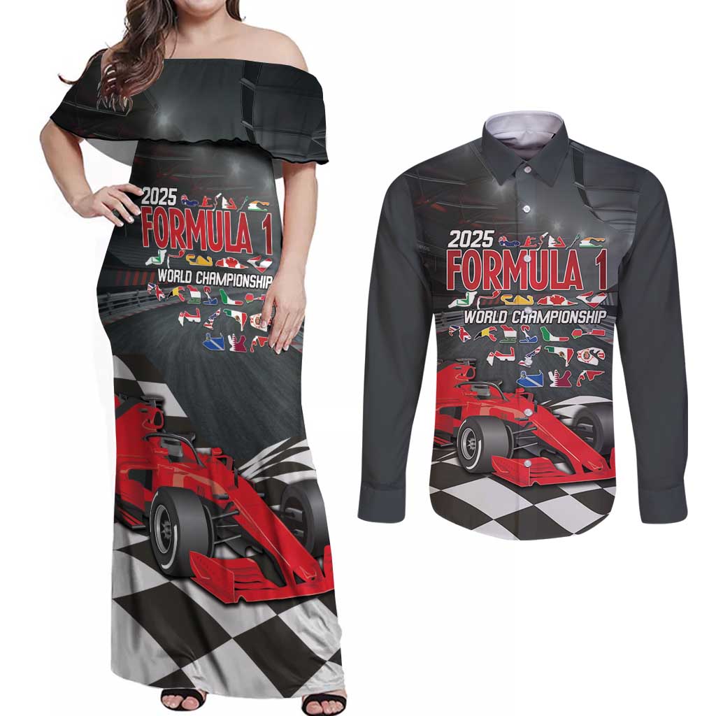 Racing Car 2025 Couples Matching Off Shoulder Maxi Dress and Long Sleeve Button Shirt GP Circuits Born To Speed - Wonder Print Shop