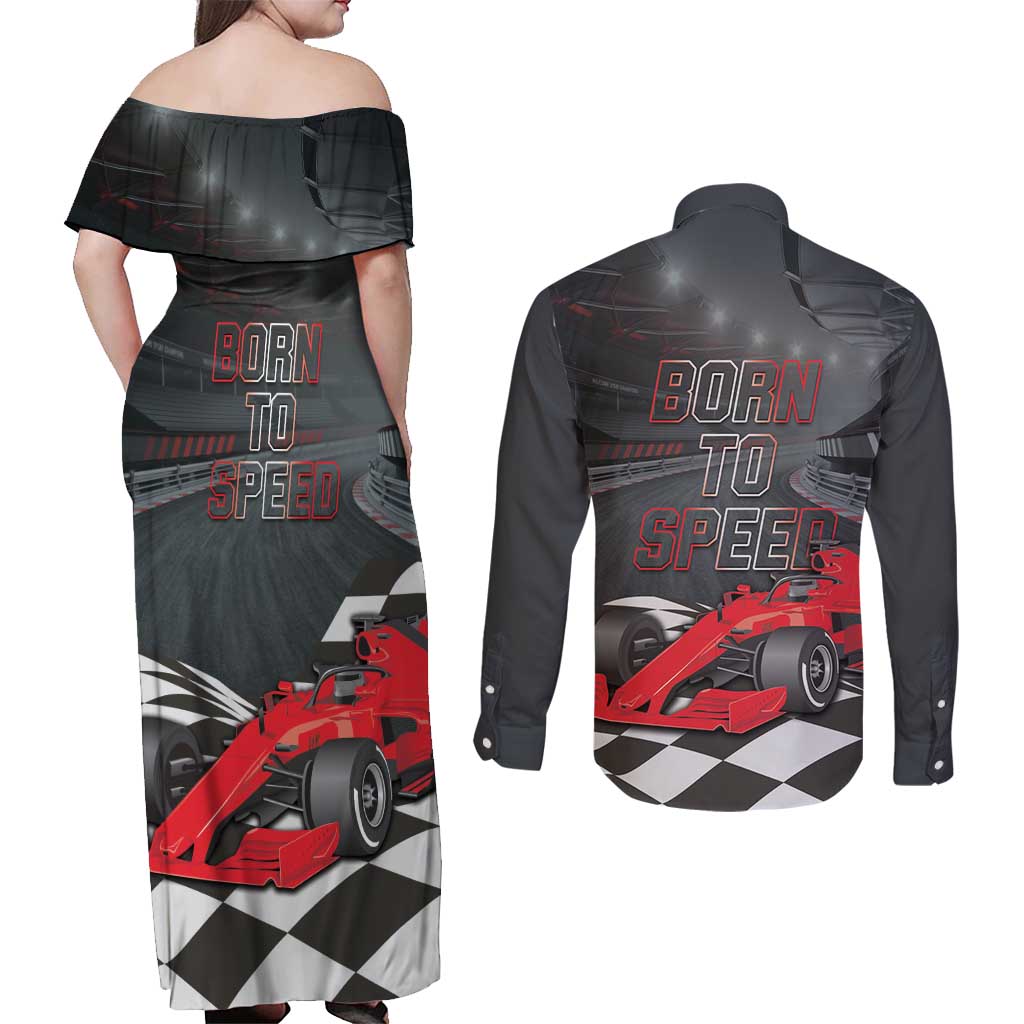 Racing Car 2025 Couples Matching Off Shoulder Maxi Dress and Long Sleeve Button Shirt GP Circuits Born To Speed - Wonder Print Shop