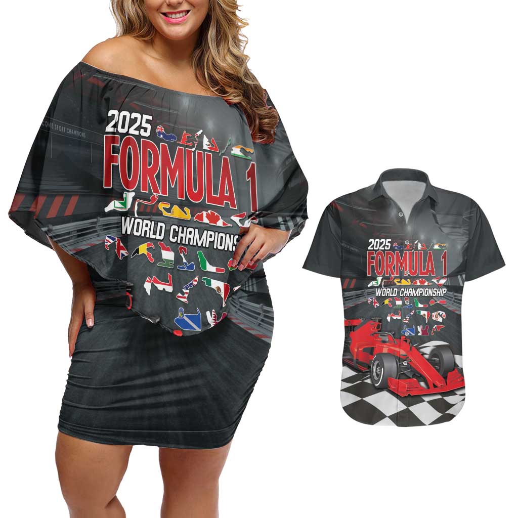 Racing Car 2025 Couples Matching Off Shoulder Short Dress and Hawaiian Shirt GP Circuits Born To Speed - Wonder Print Shop