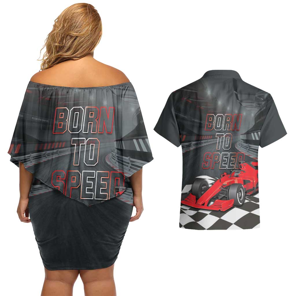 Racing Car 2025 Couples Matching Off Shoulder Short Dress and Hawaiian Shirt GP Circuits Born To Speed - Wonder Print Shop