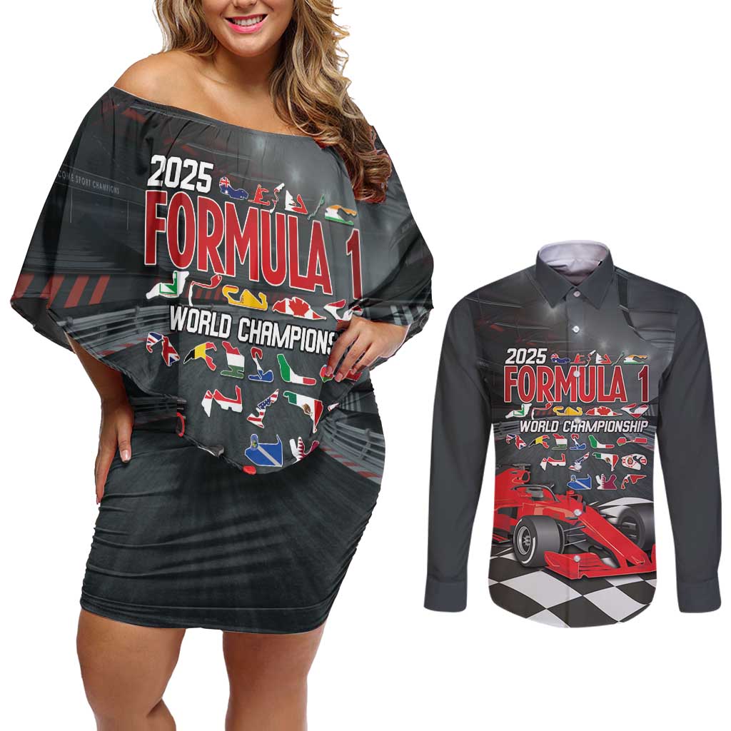 Racing Car 2025 Couples Matching Off Shoulder Short Dress and Long Sleeve Button Shirt GP Circuits Born To Speed - Wonder Print Shop