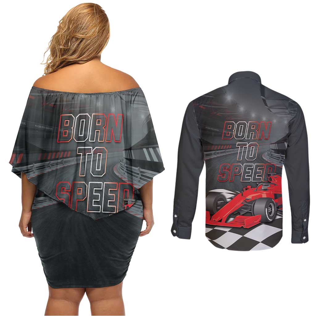 Racing Car 2025 Couples Matching Off Shoulder Short Dress and Long Sleeve Button Shirt GP Circuits Born To Speed - Wonder Print Shop