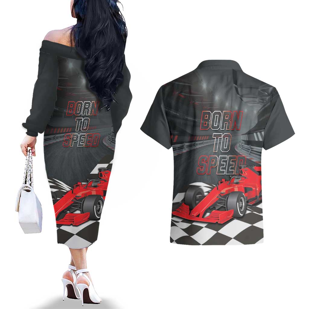 Racing Car 2025 Couples Matching Off The Shoulder Long Sleeve Dress and Hawaiian Shirt GP Circuits Born To Speed - Wonder Print Shop