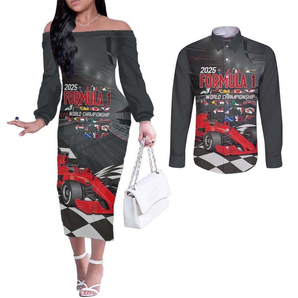 Racing Car 2025 Couples Matching Off The Shoulder Long Sleeve Dress and Long Sleeve Button Shirt GP Circuits Born To Speed - Wonder Print Shop