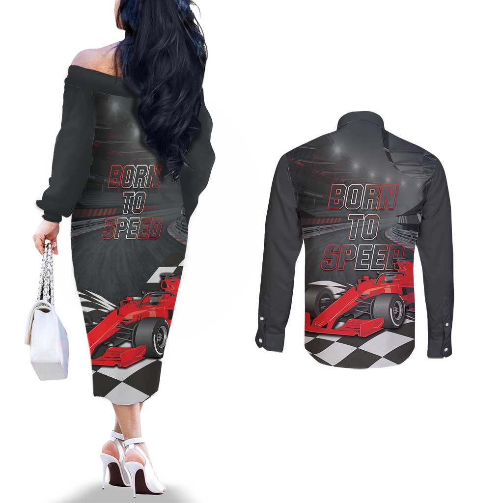 Racing Car 2025 Couples Matching Off The Shoulder Long Sleeve Dress and Long Sleeve Button Shirt GP Circuits Born To Speed - Wonder Print Shop