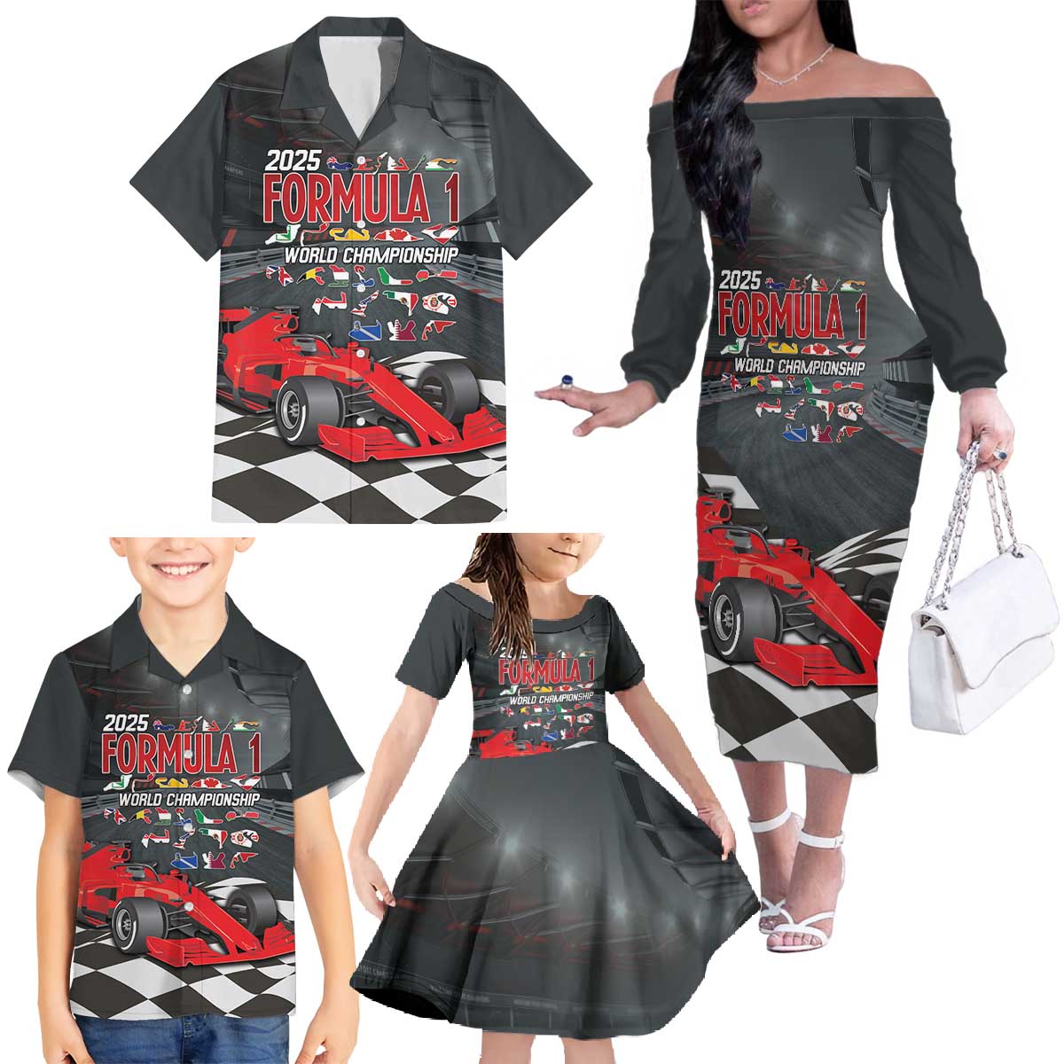 Racing Car 2025 Family Matching Off The Shoulder Long Sleeve Dress and Hawaiian Shirt GP Circuits Born To Speed - Wonder Print Shop
