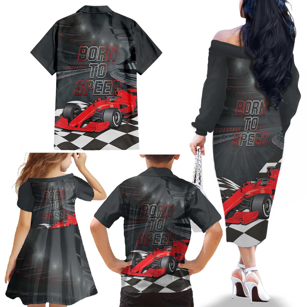 Racing Car 2025 Family Matching Off The Shoulder Long Sleeve Dress and Hawaiian Shirt GP Circuits Born To Speed - Wonder Print Shop