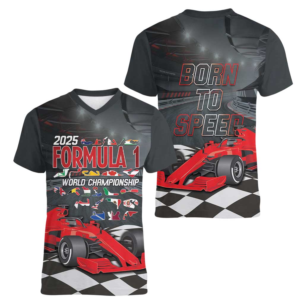Racing Car 2025 Women V-Neck T-Shirt GP Circuits Born To Speed - Wonder Print Shop