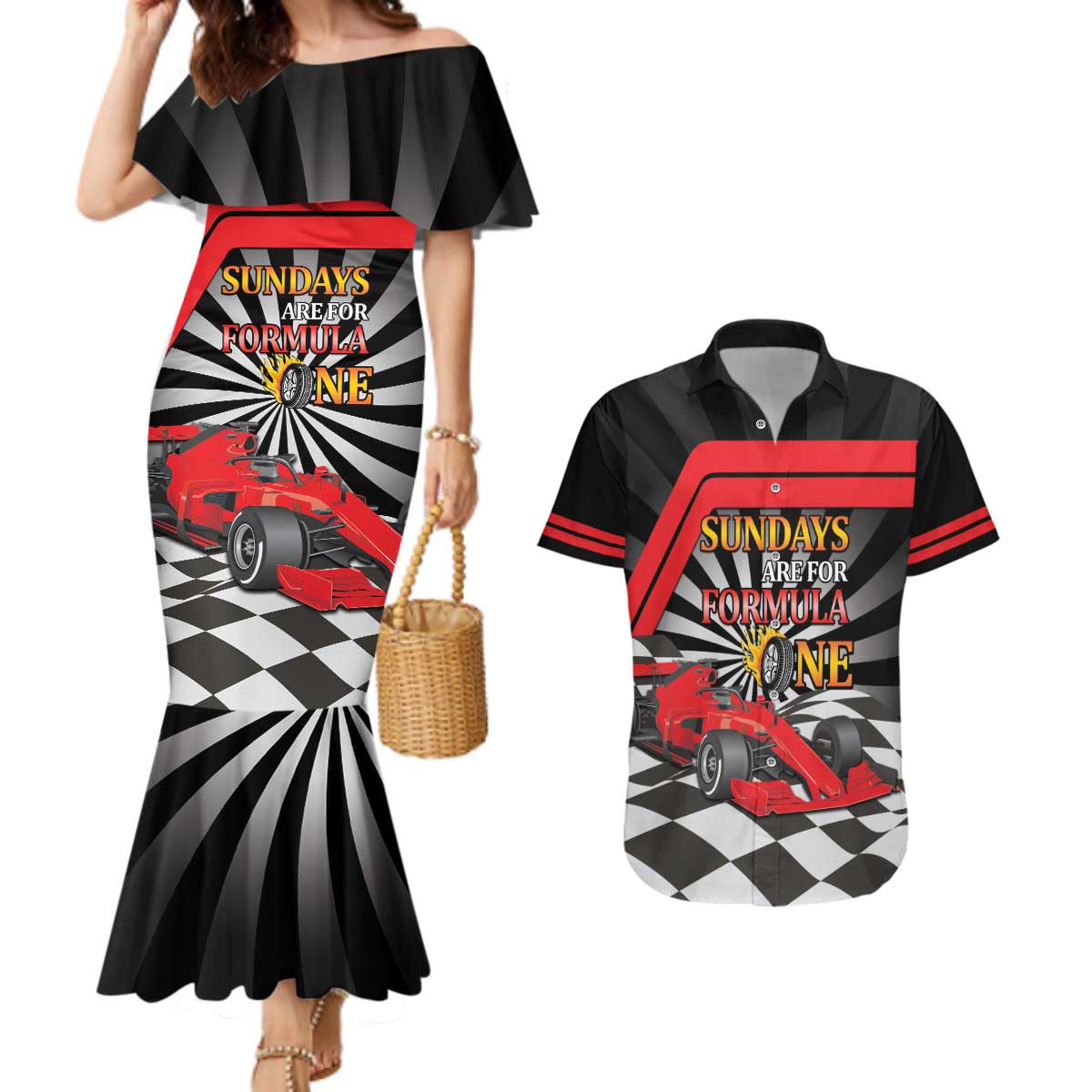 Sundays Are For Formula Racing Couples Matching Mermaid Dress and Hawaiian Shirt - Wonder Print Shop