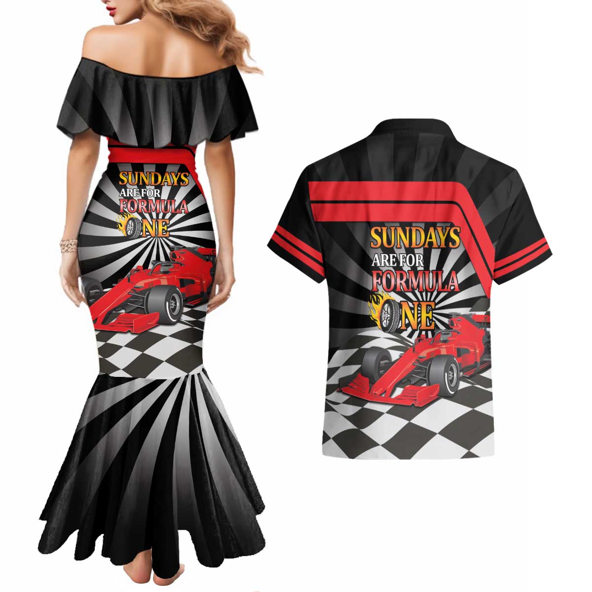 Sundays Are For Formula Racing Couples Matching Mermaid Dress and Hawaiian Shirt - Wonder Print Shop