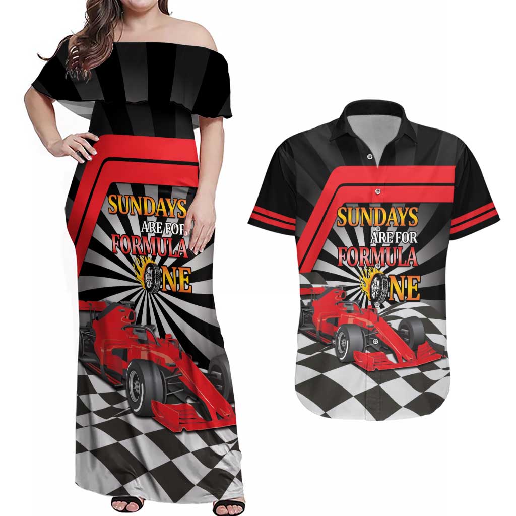 Sundays Are For Formula Racing Couples Matching Off Shoulder Maxi Dress and Hawaiian Shirt - Wonder Print Shop