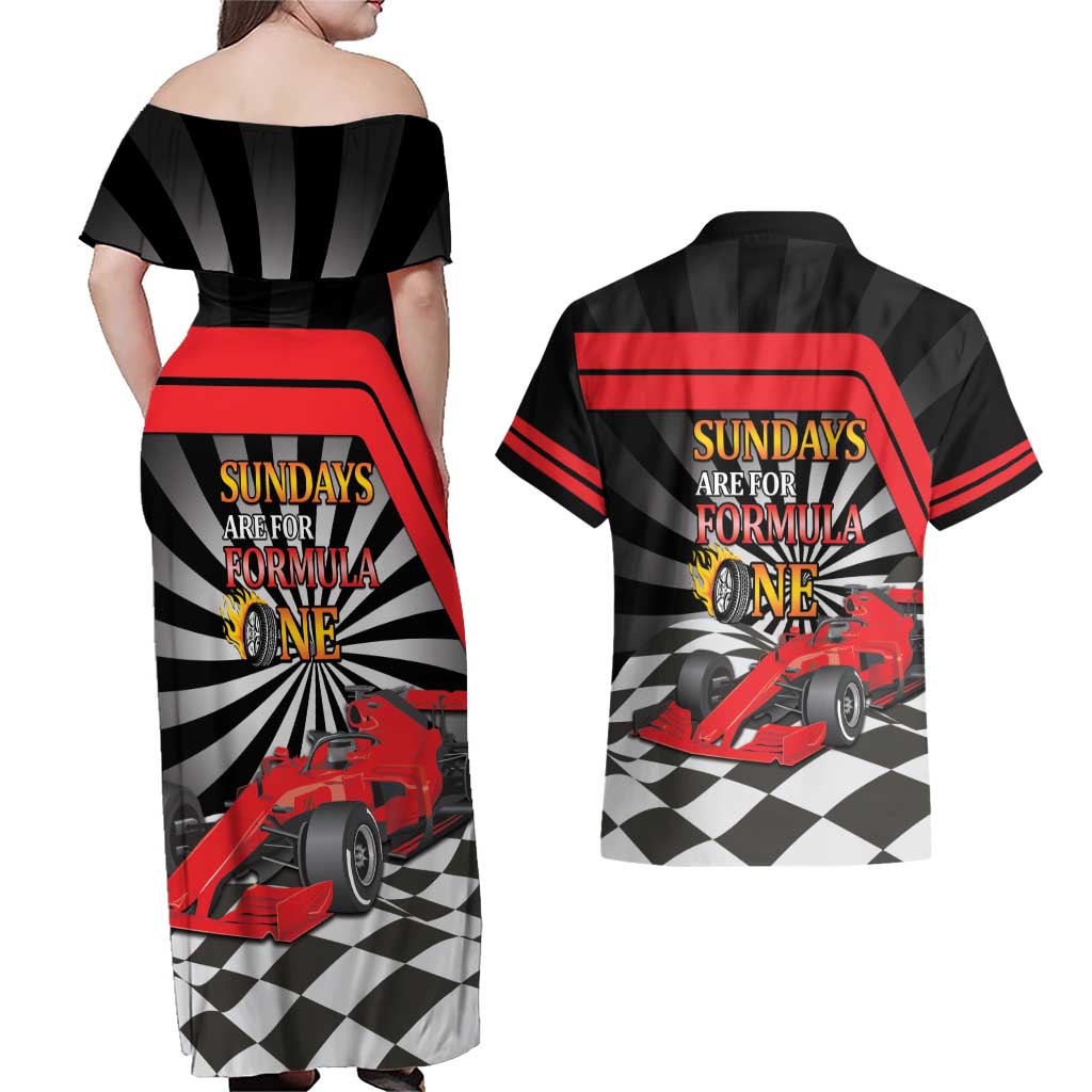 Sundays Are For Formula Racing Couples Matching Off Shoulder Maxi Dress and Hawaiian Shirt - Wonder Print Shop
