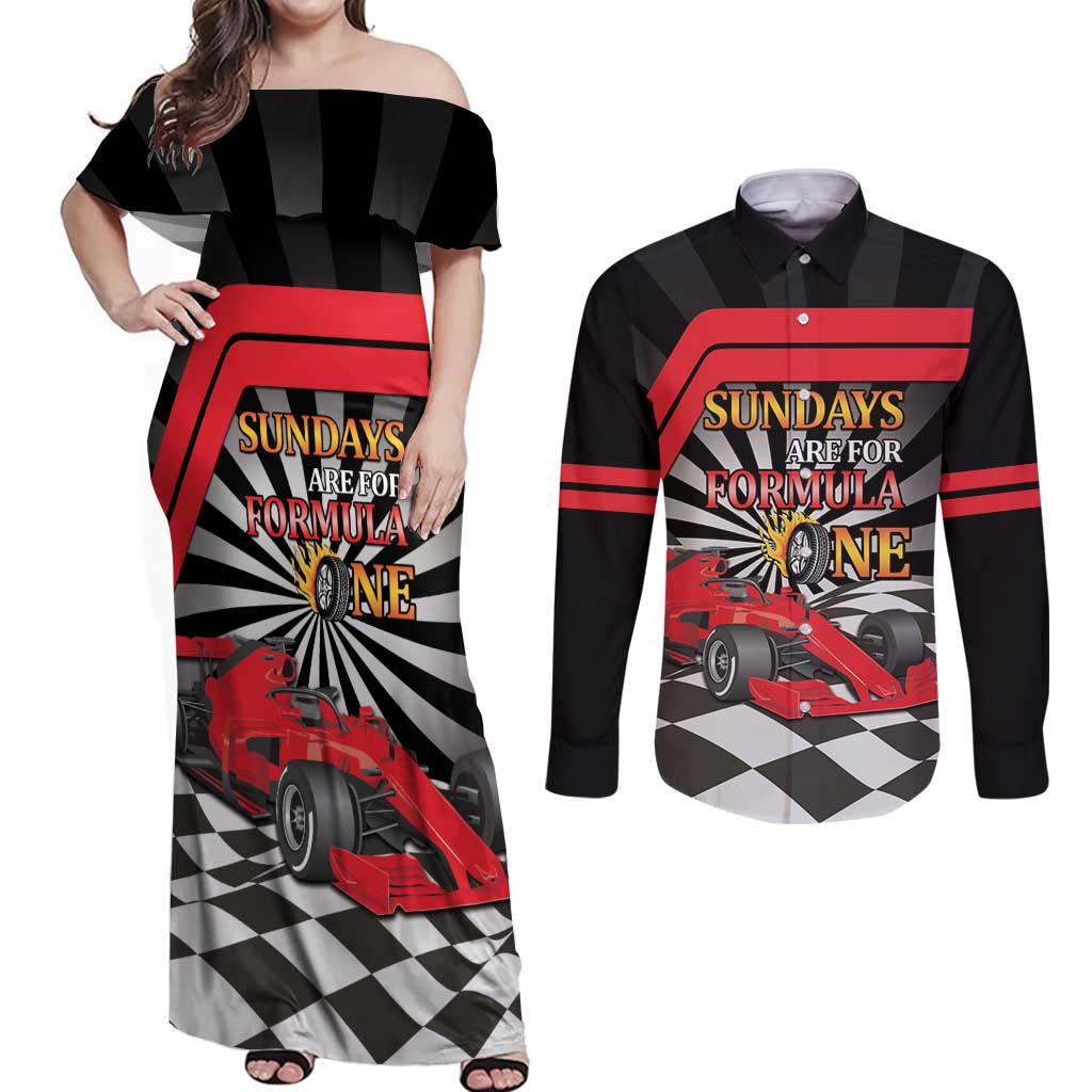 Sundays Are For Formula Racing Couples Matching Off Shoulder Maxi Dress and Long Sleeve Button Shirt - Wonder Print Shop