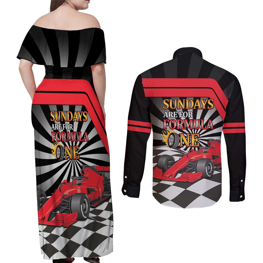 Sundays Are For Formula Racing Couples Matching Off Shoulder Maxi Dress and Long Sleeve Button Shirt - Wonder Print Shop