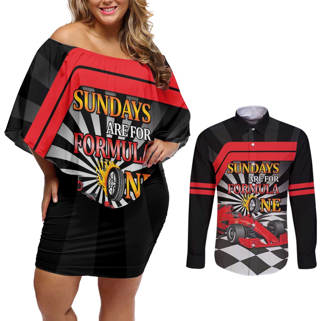 Sundays Are For Formula Racing Couples Matching Off Shoulder Short Dress and Long Sleeve Button Shirt - Wonder Print Shop