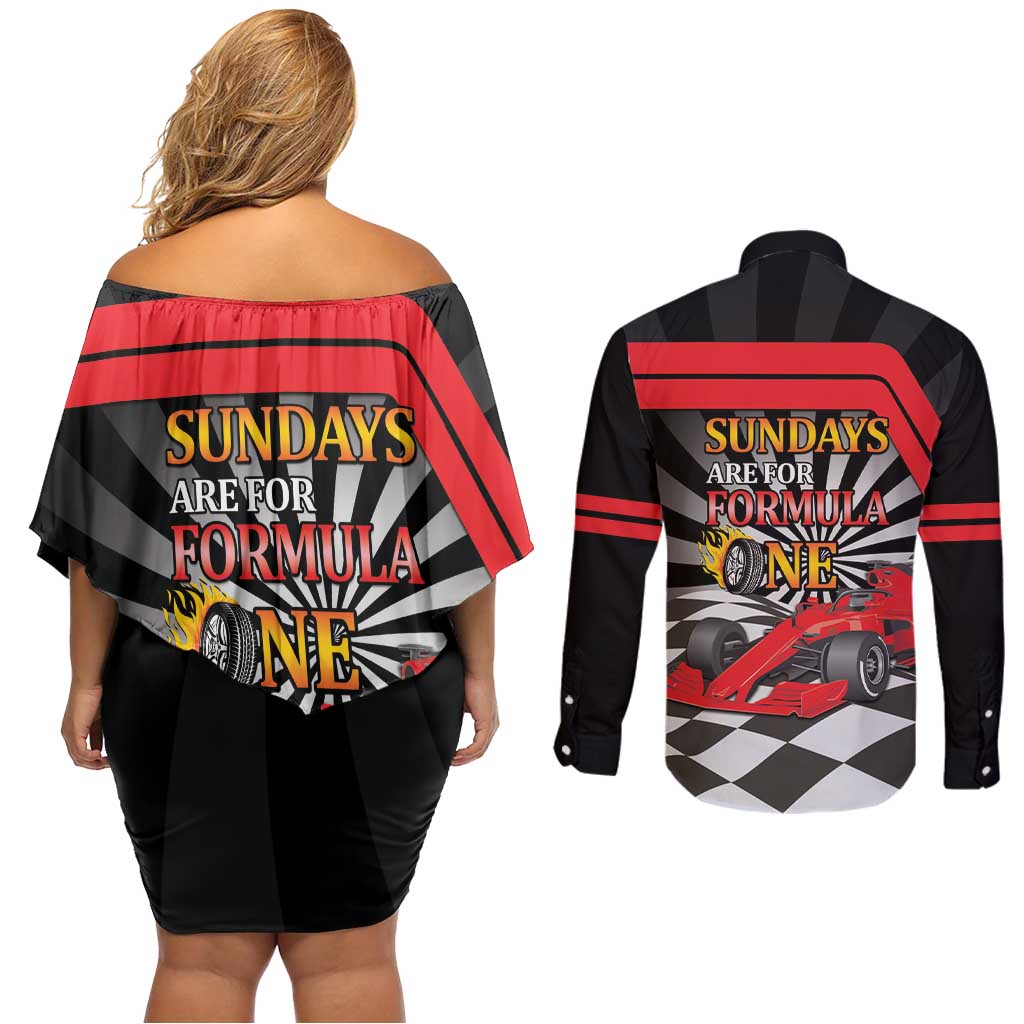 Sundays Are For Formula Racing Couples Matching Off Shoulder Short Dress and Long Sleeve Button Shirt - Wonder Print Shop