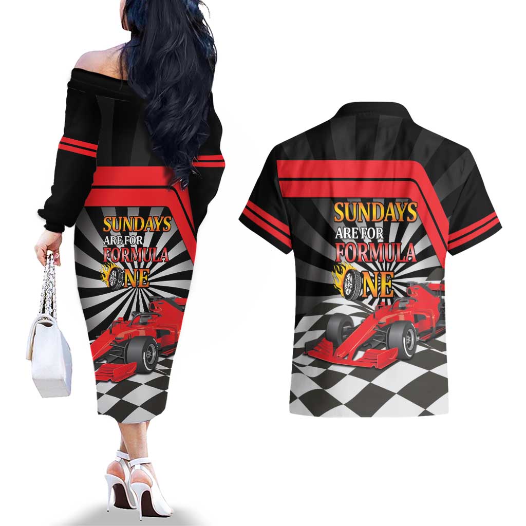 Sundays Are For Formula Racing Couples Matching Off The Shoulder Long Sleeve Dress and Hawaiian Shirt - Wonder Print Shop
