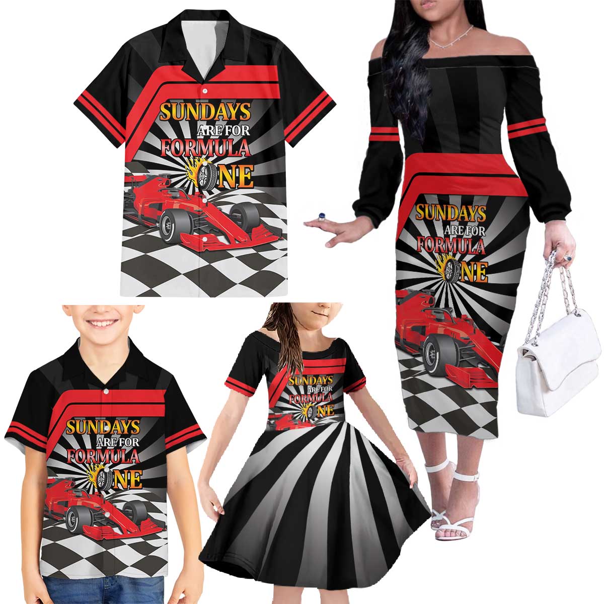Sundays Are For Formula Racing Family Matching Off The Shoulder Long Sleeve Dress and Hawaiian Shirt - Wonder Print Shop