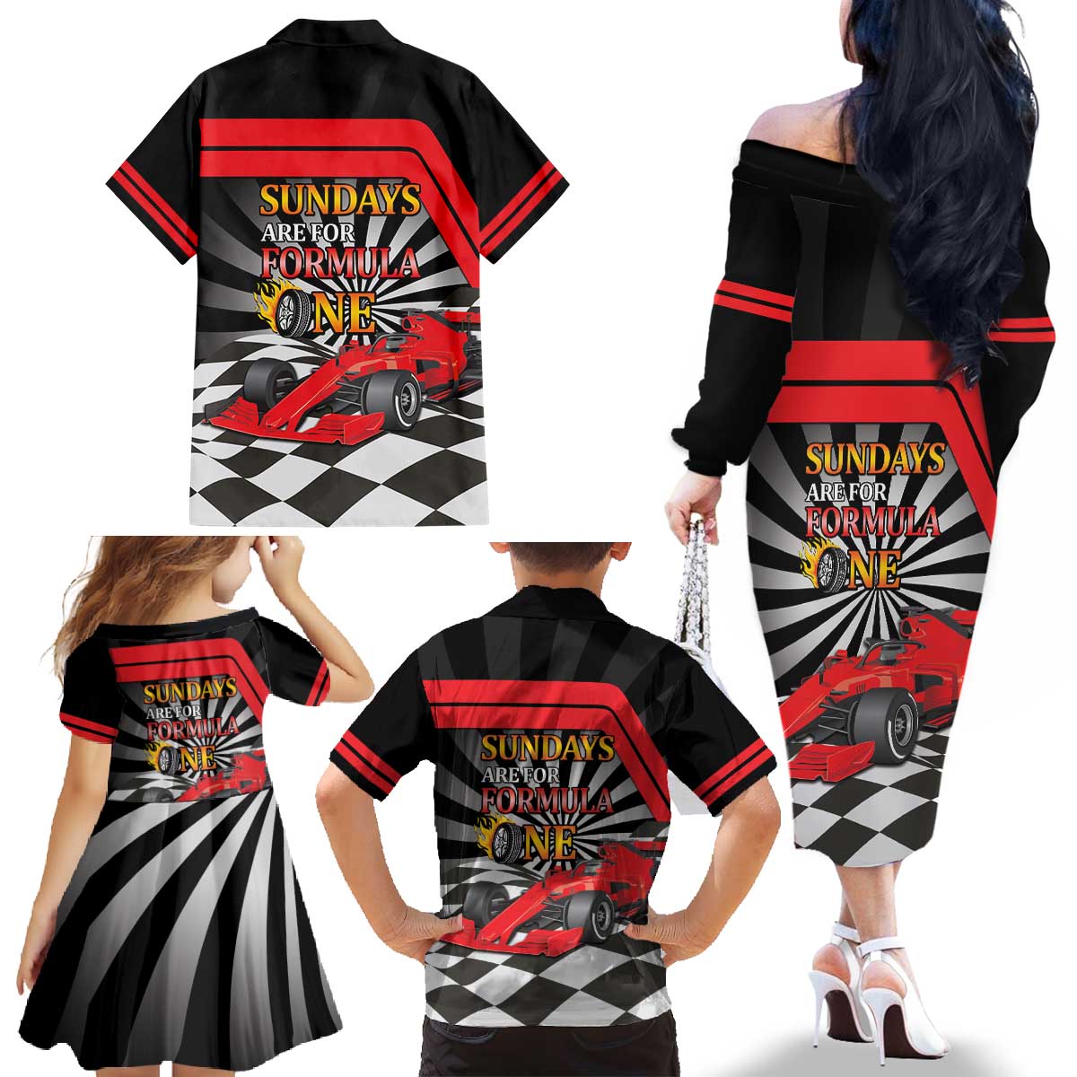 Sundays Are For Formula Racing Family Matching Off The Shoulder Long Sleeve Dress and Hawaiian Shirt - Wonder Print Shop