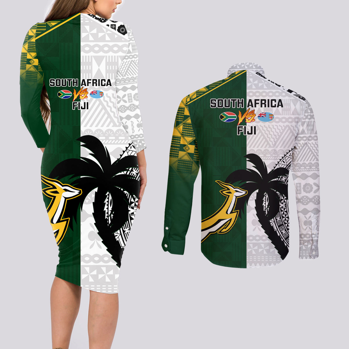 South Africa And Fiji Rugby Couples Matching Long Sleeve Bodycon Dress and Long Sleeve Button Shirts 2023 World Cup Fijian Tapa With Kente Pattern - Wonder Print Shop