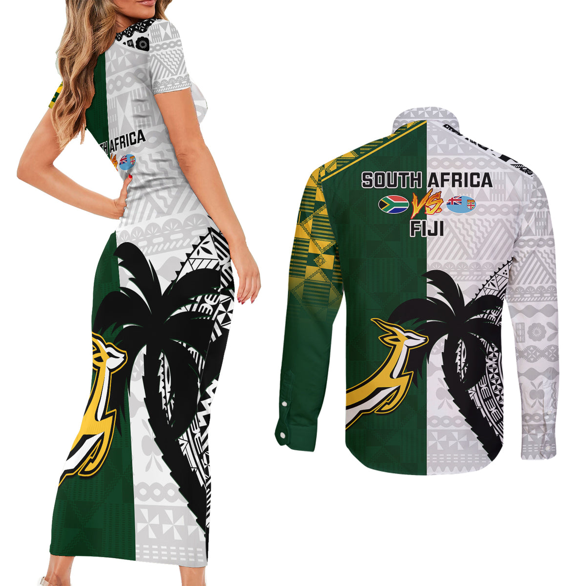 South Africa And Fiji Rugby Couples Matching Short Sleeve Bodycon Dress and Long Sleeve Button Shirts 2023 World Cup Fijian Tapa With Kente Pattern - Wonder Print Shop
