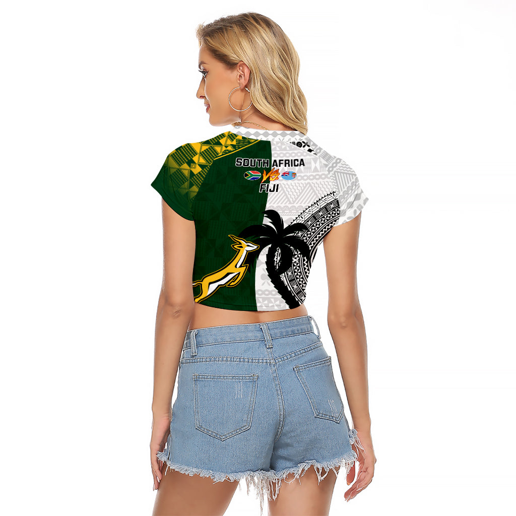 South Africa And Fiji Rugby Raglan Cropped T Shirt 2023 World Cup Fijian Tapa With Kente Pattern - Wonder Print Shop