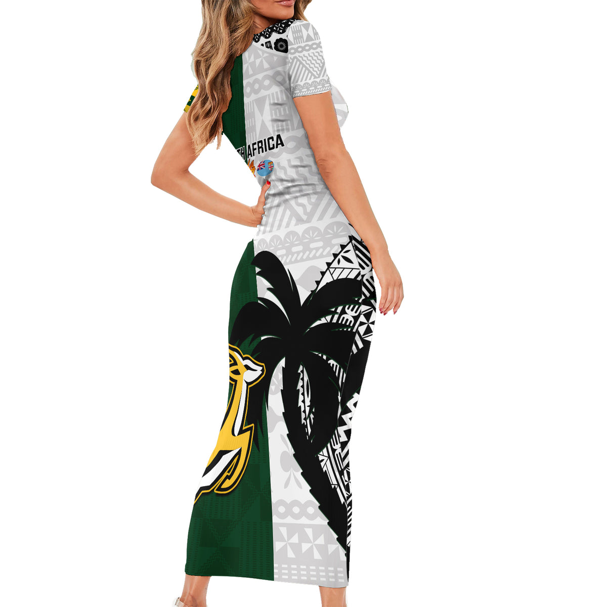 South Africa And Fiji Rugby Short Sleeve Bodycon Dress 2023 World Cup Fijian Tapa With Kente Pattern - Wonder Print Shop