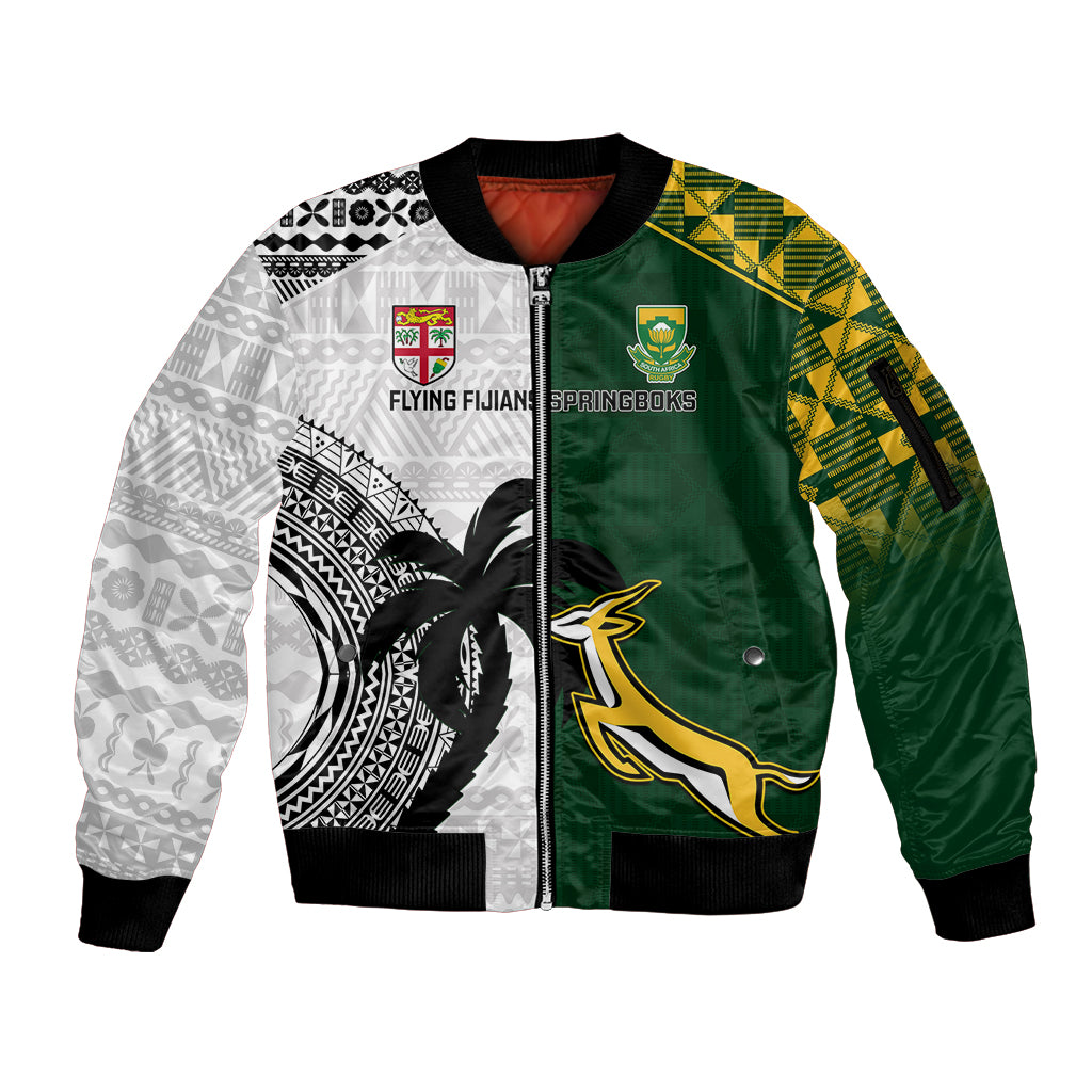South Africa And Fiji Rugby Sleeve Zip Bomber Jacket 2023 World Cup Fijian Tapa With Kente Pattern - Wonder Print Shop