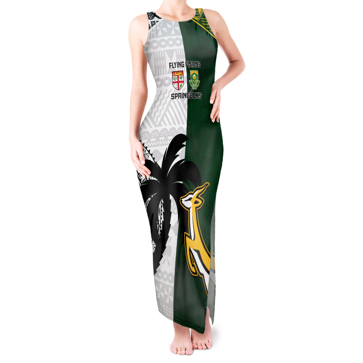 South Africa And Fiji Rugby Tank Maxi Dress 2023 World Cup Fijian Tapa With Kente Pattern - Wonder Print Shop