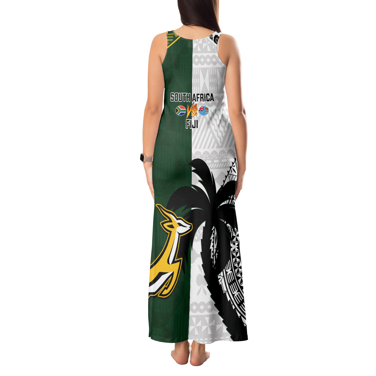 South Africa And Fiji Rugby Tank Maxi Dress 2023 World Cup Fijian Tapa With Kente Pattern - Wonder Print Shop