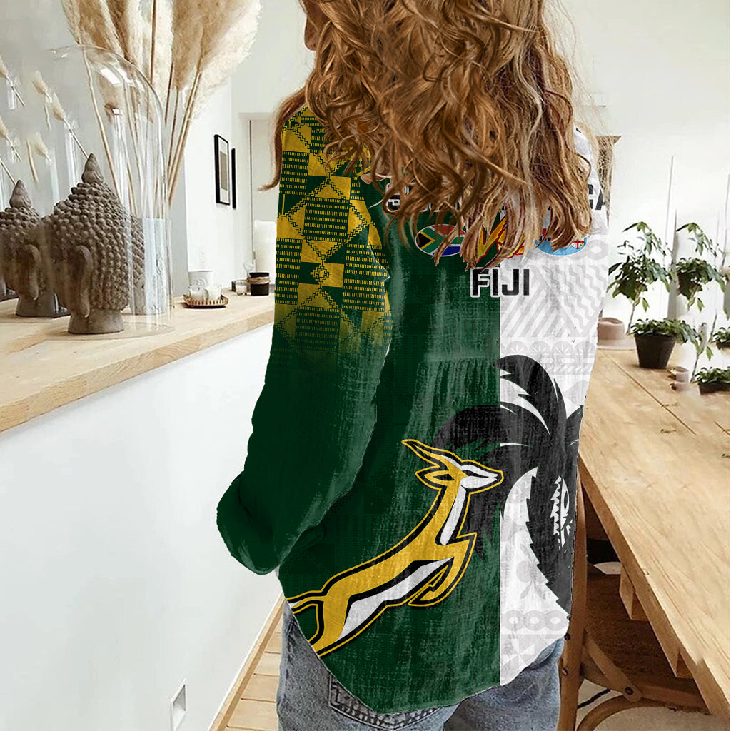 South Africa And Fiji Rugby Women Casual Shirt 2023 World Cup Fijian Tapa With Kente Pattern - Wonder Print Shop