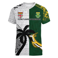 South Africa And Fiji Rugby Women V Neck T Shirt 2023 World Cup Fijian Tapa With Kente Pattern - Wonder Print Shop