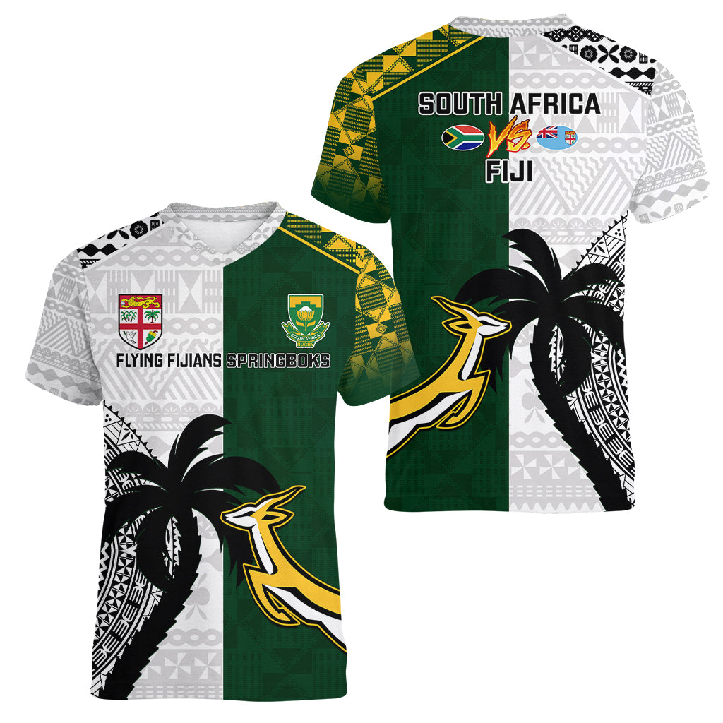 South Africa And Fiji Rugby Women V Neck T Shirt 2023 World Cup Fijian Tapa With Kente Pattern - Wonder Print Shop