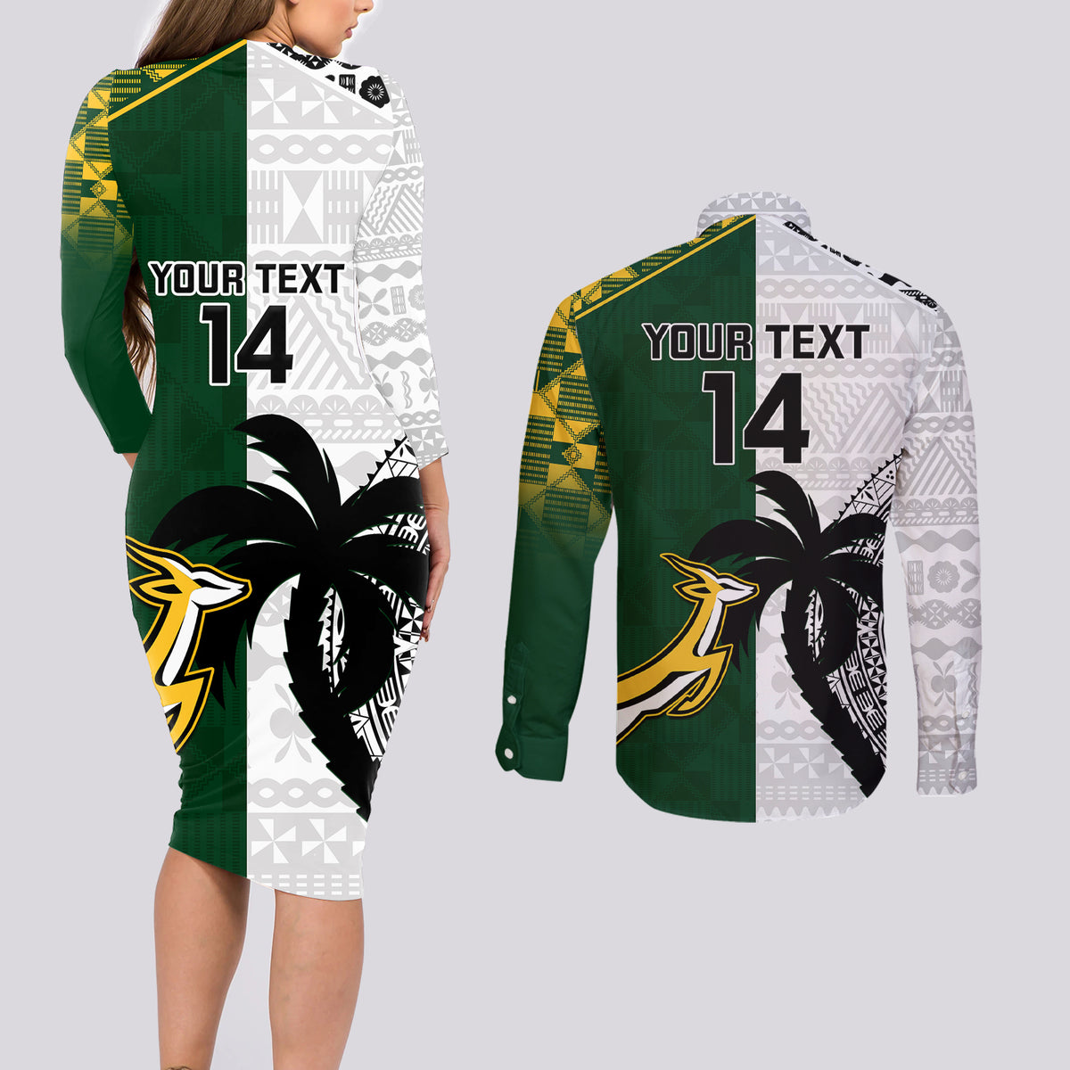 Custom South Africa And Fiji Rugby Couples Matching Long Sleeve Bodycon Dress and Long Sleeve Button Shirts 2023 World Cup Fijian Tapa With Kente Pattern - Wonder Print Shop