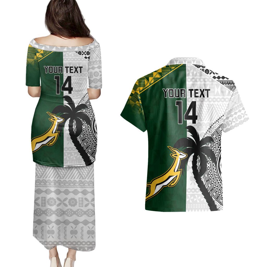 Custom South Africa And Fiji Rugby Couples Matching Puletasi Dress and Hawaiian Shirt 2023 World Cup Fijian Tapa With Kente Pattern - Wonder Print Shop