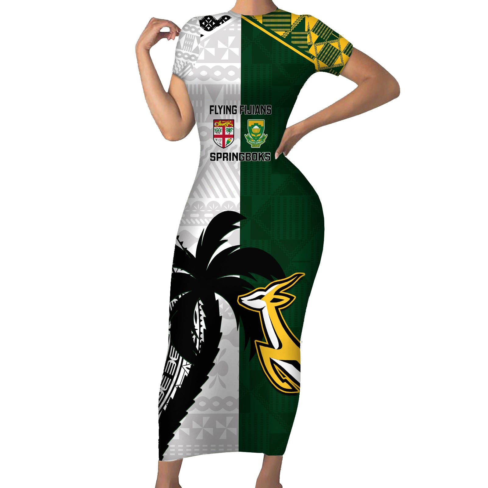 Custom South Africa And Fiji Rugby Short Sleeve Bodycon Dress 2023 World Cup Fijian Tapa With Kente Pattern - Wonder Print Shop