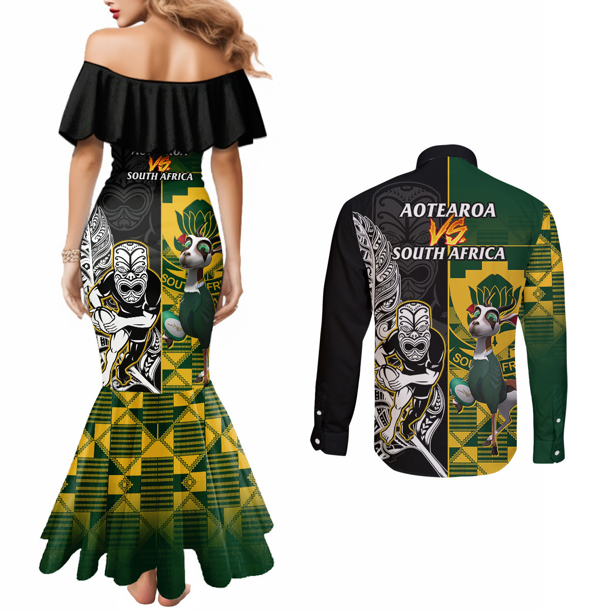 south-africa-and-aotearoa-rugby-couples-matching-mermaid-dress-and-long-sleeve-button-shirts-2023-springboks-kente-combine-all-black-maori-fern