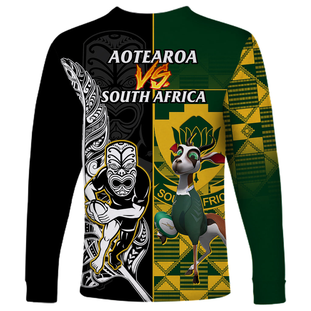 South Africa And Aotearoa Rugby Long Sleeve Shirt 2023 Springboks Kente Combine All Black Maori Fern - Wonder Print Shop