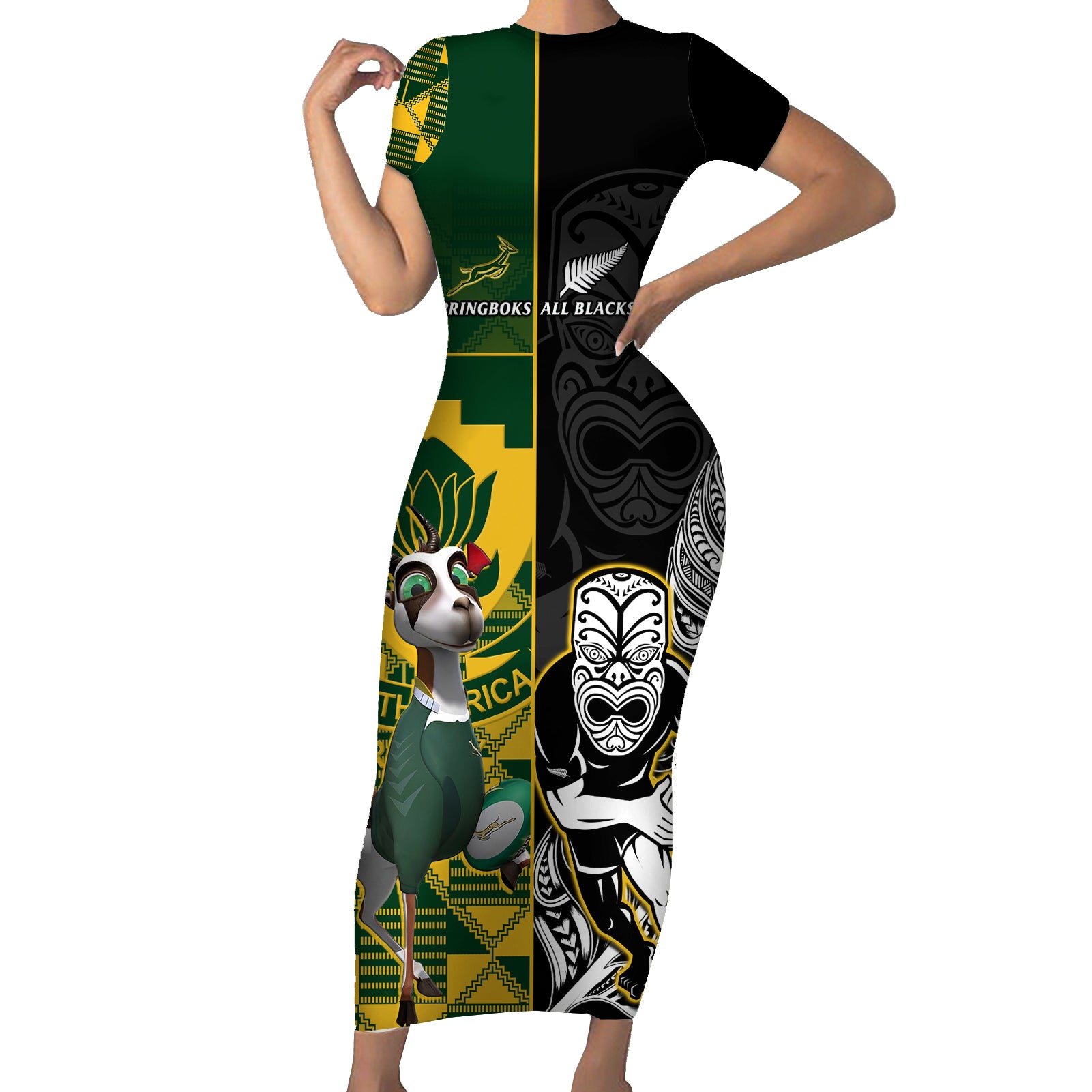 South Africa And Aotearoa Rugby Short Sleeve Bodycon Dress 2023 Springboks Kente Combine All Black Maori Fern - Wonder Print Shop