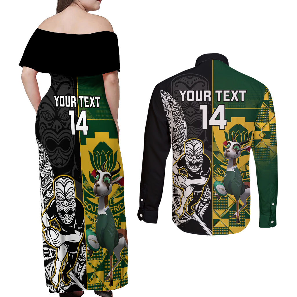 Custom South Africa And Aotearoa Rugby Couples Matching Off Shoulder Maxi Dress and Long Sleeve Button Shirts 2023 Springboks Kente Combine All Black Maori Fern - Wonder Print Shop