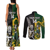 Custom South Africa And Aotearoa Rugby Couples Matching Tank Maxi Dress and Long Sleeve Button Shirts 2023 Springboks Kente Combine All Black Maori Fern - Wonder Print Shop