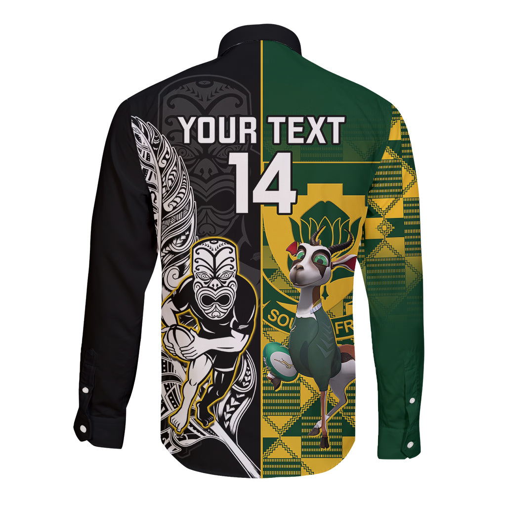 Custom South Africa And Aotearoa Rugby Long Sleeve Button Shirt 2023 Springboks Kente Combine All Black Maori Fern - Wonder Print Shop