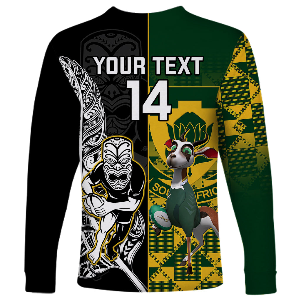 Custom South Africa And Aotearoa Rugby Long Sleeve Shirt 2023 Springboks Kente Combine All Black Maori Fern - Wonder Print Shop