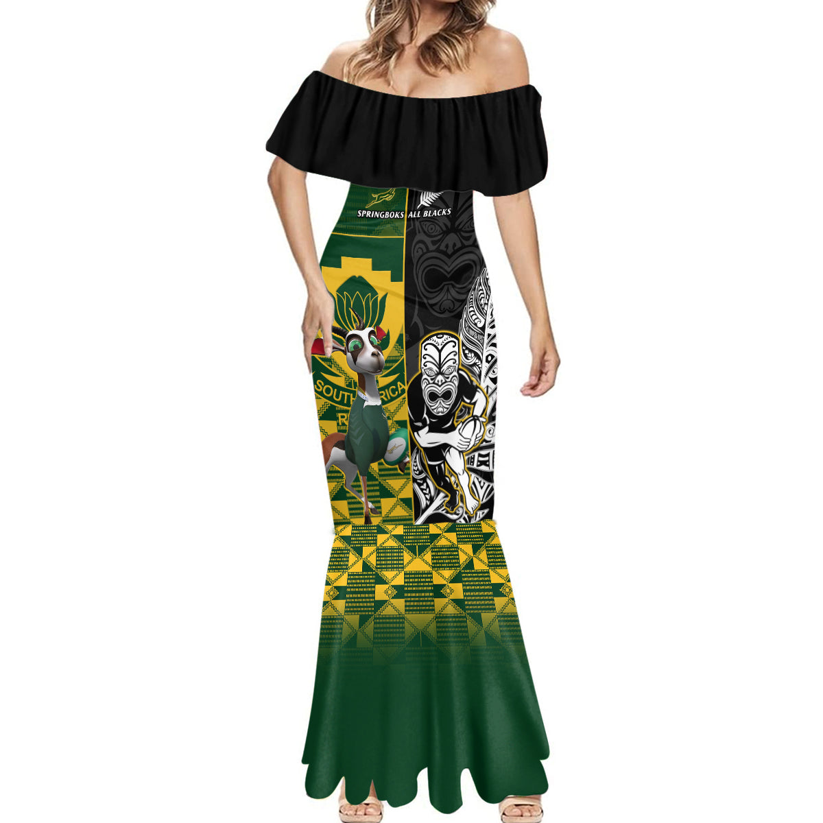 Custom South Africa And Aotearoa Rugby Mermaid Dress 2023 Springboks Kente Combine All Black Maori Fern - Wonder Print Shop