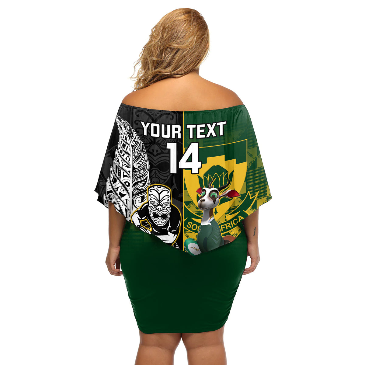 Custom South Africa And Aotearoa Rugby Off Shoulder Short Dress 2023 Springboks Kente Combine All Black Maori Fern - Wonder Print Shop
